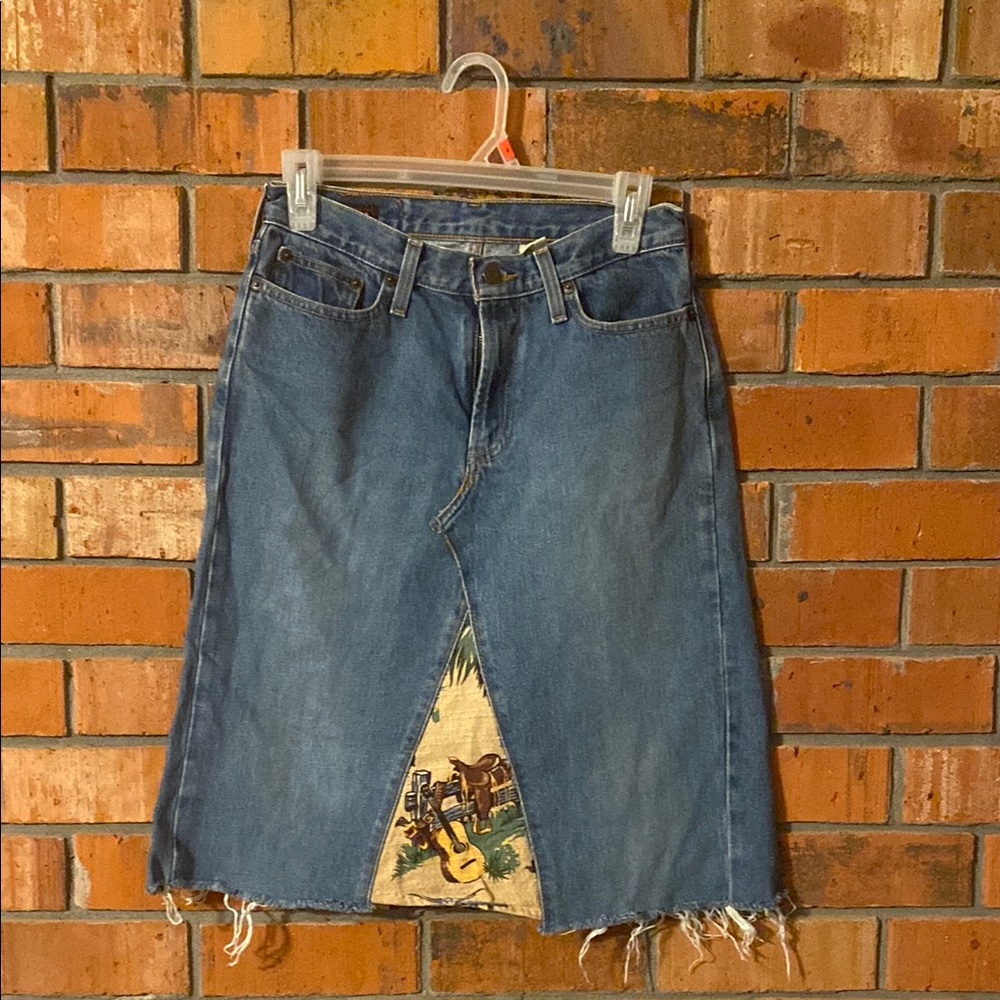 Custom Denim Skirt with Fringe and Patterned Insert. Abercrombie and Fitch